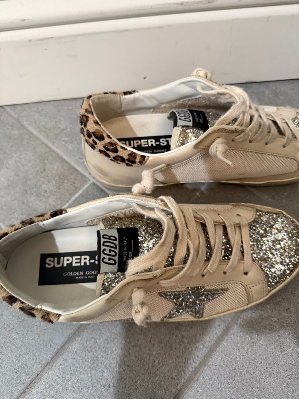 Golden Goose Beige Low-Top Sneakers with Silver Glitter & Leopard Heel size 39 - Picture 2 of 4